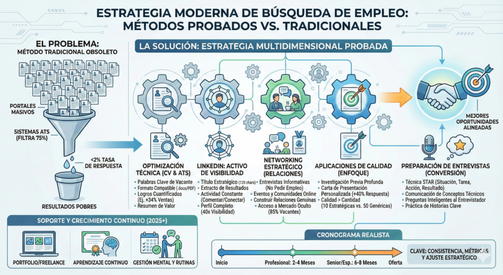 Descubre las estrategias más efectivas para conseguir empleo en 2025. Guía práctica con técnicas de búsqueda, optimización de CV y preparación de entrevistas que realmente funcionan