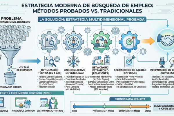 Descubre las estrategias más efectivas para conseguir empleo en 2025. Guía práctica con técnicas de búsqueda, optimización de CV y preparación de entrevistas que realmente funcionan