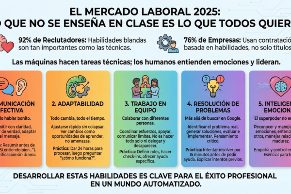 Las 5 habilidades blandas que realmente importan en 2025. Descubre qué buscan los empleadores más allá del CV y cómo desarrollar estas competencias para destacar en el trabajo
